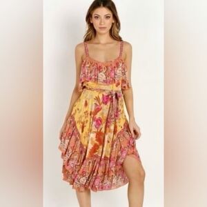 Floral Asymmetrical Dress - Yellow and Pink Adjustable Straps Tie Waist Sz. M